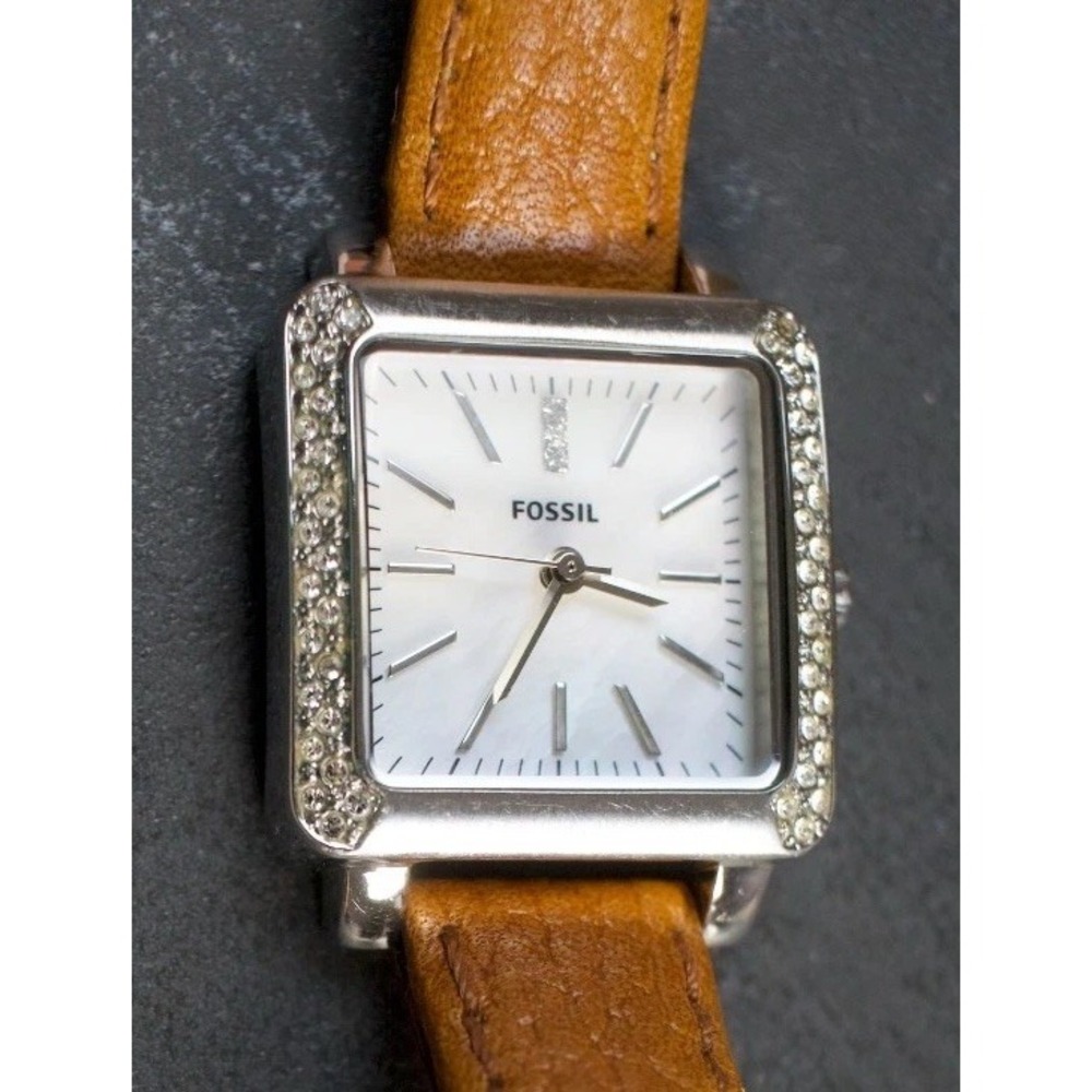 Fossil ES-2618 Womens Square Crystal Watch Mother of Pearl Dial Brown Leather